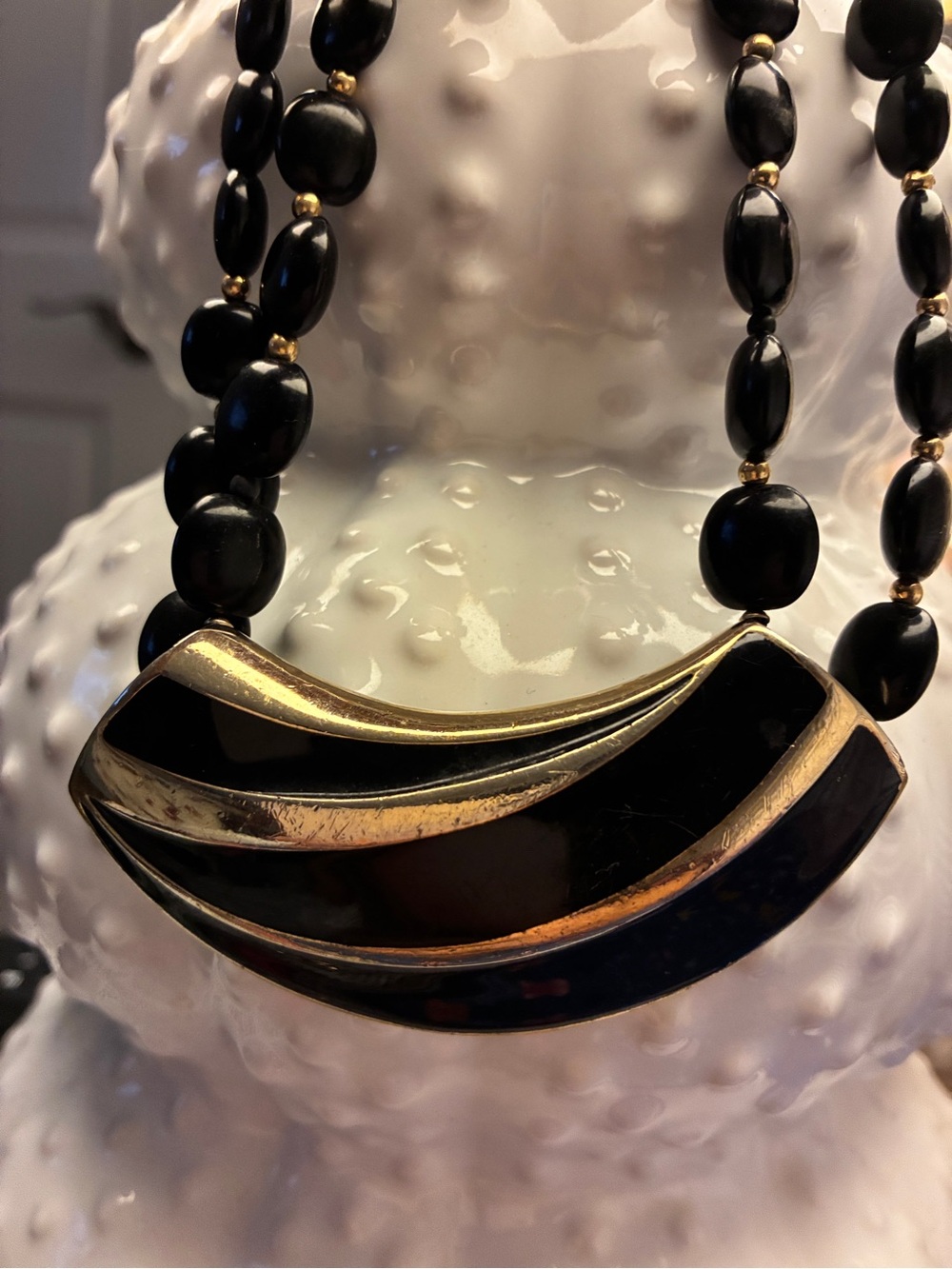 Vintage Crown Trifari Double Strand Black Beaded Necklace Art Deco Enamel Center